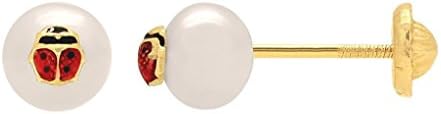 14K Yellow Gold Enamel Lady Bug atop Genuine FreshWater Pearl Screw back Earrings