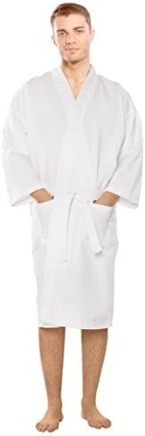 Men’s Waffle Robe, Lightweight Cotton Shower Long Bathrobe for Travel or Spa White L/XL