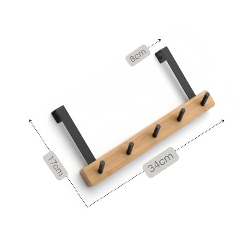 Cabide de Porta em Bambu e Aço, 5 Ganchos, Sem Furos, 34 cm x 17 cm, Organizador para Roupas e Acessórios (Preto)