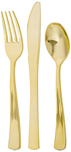 Plastic Dinnerware Set – TrueLook Tableware! 24 Disposable Plates, Cups, Flutes, Napkins, Napkin Rings and Silverware - White and Gold Plastic Plates for Parties, Wedding, Fancy Dinner Occasions - Thumbnail 2