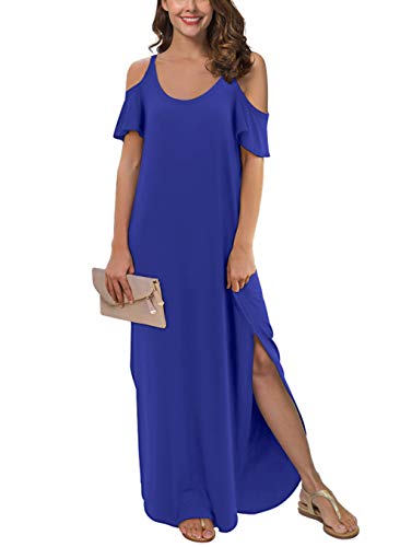 GRECERELLE Women's Summer Casual Loose Long Dress Strapless Strap Cold Shoulder Short Sleeve Split Maxi Dresses with Pocket Royal Blue-L