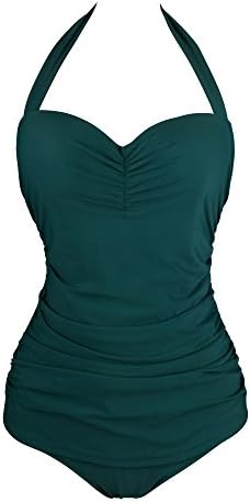 CASILY Retro 50s Elegant One Piece Halter Ruched Sexy Solid Monokini Swimsuits for Women Green(Solid), US 16-18