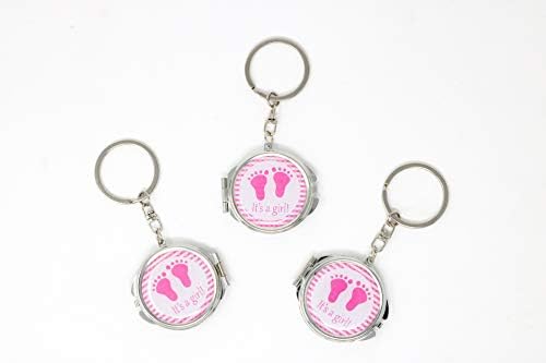 AmoreCreations12 Piece Baby Shower Mini Compact Mirror Key chain Party Favor for boys and girls - Baby Shower Toes & Baby Design Makeup Compact - Baby Favor Gift Decorations (It's a Girl - Keychain)