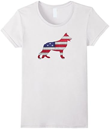 Womens Patriotic GERMAN SHEPHERD American Flag Embroidery T-Shirt XL White