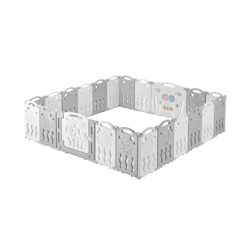 Albott Baby Playpen 22 Panels, Foldable and Portable Kids Safety Play Yard with Lockable Door, Adjustable Shape Activity Center for Indoor and Outdoor Use (White & Grey)