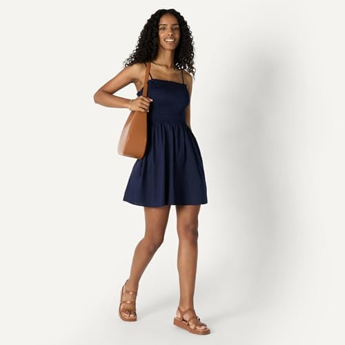 Vestido con Corpiño Nido de Abeja de Satén de Algodón de Corte Recto Mujer, Azul Marino, XS