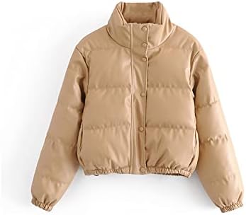 Puffer Jacket Womens， Winter Thick Women Short Warm PU Leather