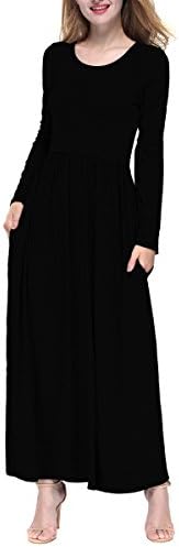DKBAYA Women Casual Long Sleeves Soft Jersey Maxi Long Dress with Pocket Black XL