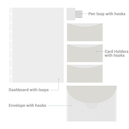 Discagenda Instant Attach Hook and Loop Dashboard with Pen Loop, Card Holders, Envelope and Hook with Adhesive Backing for Customization, for Discbound Planner (Light Gray, A5 (5.8X.8.3in))