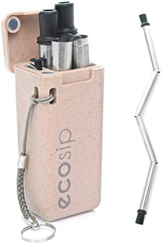 Ecosip Collapsible Drinking Straw w/Cleaning Brush | Reusable, BPA-Free, Foldable, Portable | Heavy-Duty Stainless-Steel | Home, Travel, Restaurant | Men, Women, Kids