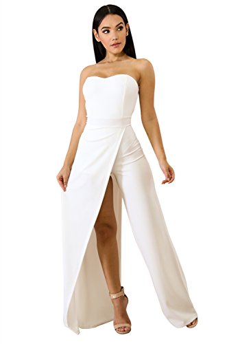 ZKESS Women's Fashion Off Shoulder Asymmetric Split Long Leg Jumpsuits Rompers White L