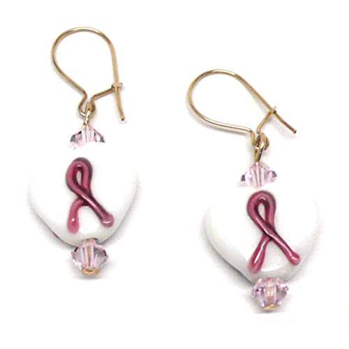 Pink Ribbon Breast Cancer Awareness Earrings GoldFilled Lamp Work White Glass Heart