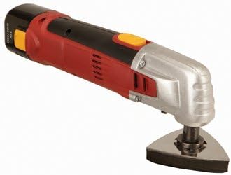 12 V Lithium Ion Cordless Oscillating Multifunction Tool with Carrying Case, 3-inch triangular sanding pad, an angled scraper blade, angled cutter blade, and 90-minute quick charger