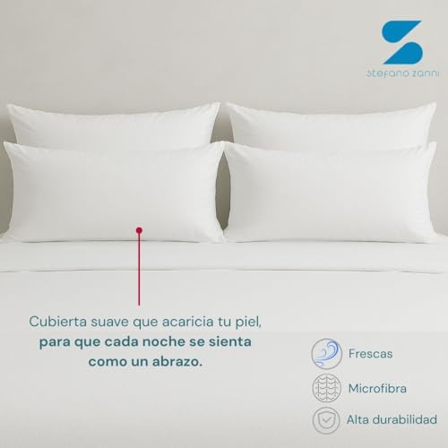 STEFANO ZANNI Almohada 4 Pack Microfibra + Fundas de Regalo – Densidad Media para Mejor Soporte, Descanso de Calidad, Tela Fresca, Suave e Hipoalergénica, Estilo Hotelero. King Size
