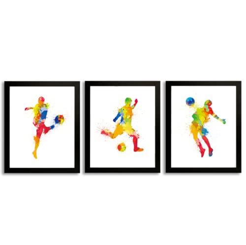 ANHUIB Football Art Prints With Black Framed,Watercolor Soccer Player Art Picture Poster,Set of 3 (8" X 10") Football Player Kicking Posture of The Ball,Canvas Wall Art for Boy Room Bedroom Decoration