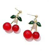 T-ztoss Creative LightWeight 3D Red Fruits Cherry Earrings for Women,Sweet & Green Crystal Earrings,Leaf Lovely Cherry Dangle Earrings
