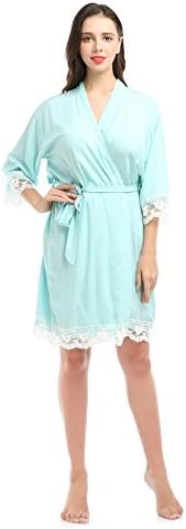 YueQiW Women's Soft Cotton Robe For Bride And Bridemaid With Floral Lace Nightwear(Large,Mint-green)