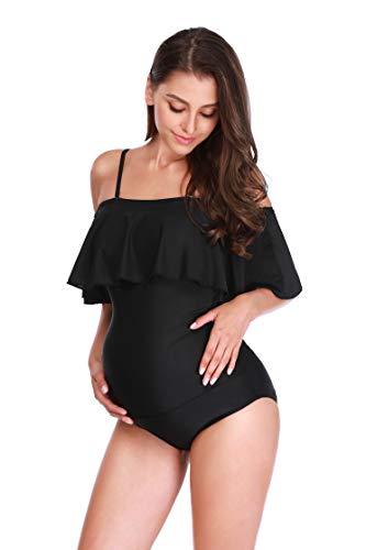 Maternity Bikinis Tankini Off Shoulder Flouncing Swimsuit One Piece Beachwear Black S