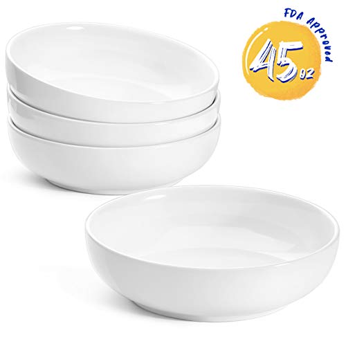 LE TAUCI 8.5 Inch Pasta Bowls Ceramic Salad Bowl, 45 Ounce - Set of 4, White