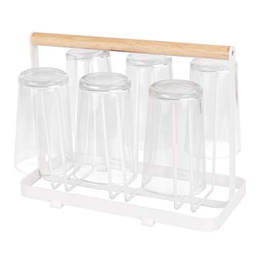 Cup Drying Rack Stand, 6 Cup Metal Drainer Holder Rack Non-Slip Mugs Cups Organizer with Wood Handle, White