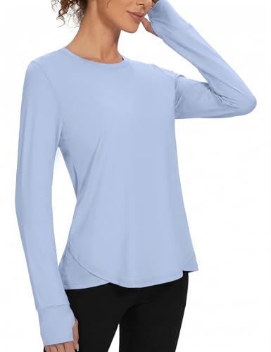 Gyabnw Women's Long-Sleeved Sports Top, Crew Neck, Fitness Shirt with UV Protection, Breathable, Quick-Drying, Ideal for Yoga, Hiking, Workout