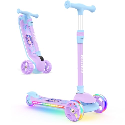 BELEEV A9 Kids Scooter with LED Light-Up Wheels & Deck, 3 Wheel Foldable Kick Scooter for Toddlers Boys Girls Ages 3-12, Adjustable Handlebar, Lean-to-Steer, Extra-Wide Wheels