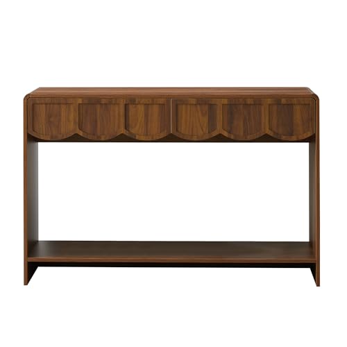 Console Table with Drawers, Mid-Century 43 Inches Narrow Entryway Table with Open Storage Shelves, Hallway Accent Table Behind Couch Table for Living Room - Walnut