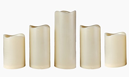Lily's Home Flameless Flickering LED Resin Waxless Candles, for Indoor or Outdoor Use, Battery Powered with Timer, Safe for Use Around Kids and Pets, Bisque (3" Diameter, Assorted Heights, Set of 5)