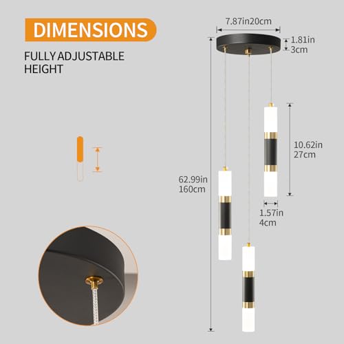 ZYBWL Modern Pendant Lamp Black 3 Flame LED Mini Dining Room for Kitchen Living Room Bedroom Bar Black Gold Small Height Adjustable