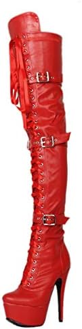 YaXuan Women's Fashion Boots, Fall Winter Over-Knee Boots Ultra High Heel Stiletto Platform Thigh High Black Lace Up Stripper Boots Heels Sexy Shoes Plus Size (Color : Red, Size : 37)