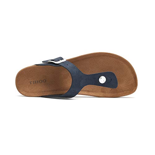 Women's T-Strap Thong Sandals Buckle Slip On Flip-Flops Beach Casual Platform Footbed Slippers (9, Navy)