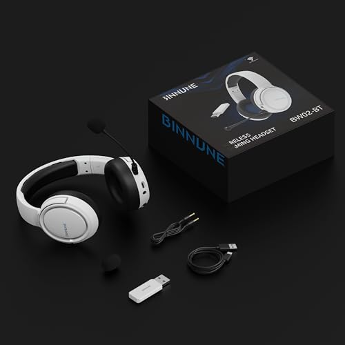 BINNUNE Wireless Gaming Headset, 2.4GHz Gaming Headphones for PS4, PS5, PC, NS, 5.2 Bluetooth Headphones with 40Hr Battery, Noise Canceling Microphone, 3.5mm Wired Mode for Xbox Series - White