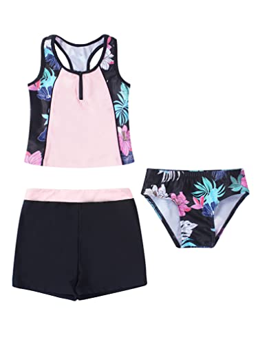 Choomomo Kids Girls Floral Printing Tops with Shorts Bottoms 3 Pieces Tankini Set Swimsuit Bathing Suit Black Floral 10 at Amazon