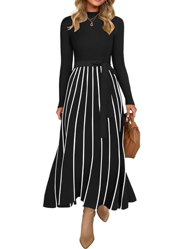 ZESICA Womens 2025 Fall Turtleneck Long Sleeve Sweater Dress Tie Waist Casual Loose Ribbed Knit A Line Midi Dresses