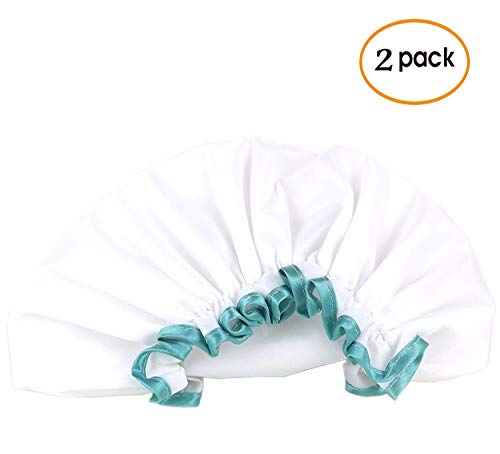White Shower Cap for Long Hair 2 Pack, Waterproof Washable Hair Caps for Women and Girls, Super Cute and Extra Large by mikimini - Thumbnail 5