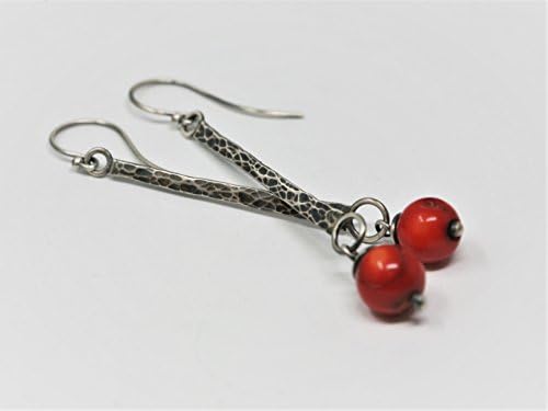 Bohemian Natural Red Coral and Sterling Silver Drop Earrings in Antique "Gunmetal" Patina