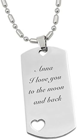 Personalized Engraved Stainless Steel Dog Tag Necklace Silver Pendant With Heart Cutout - Custom Free Engraving (Black Letter)