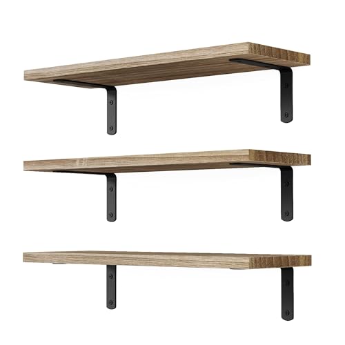 LBOYLOVE® 3 Pcs Floating Wall Shelves, 16.5*5.5 Inches Wooden Floating Shelves for Wall Decor, Photos & Display, Wall Mounted Shelves with Metal Brackets for Bedroom, Living Room, Bathroom (Woodgrain)