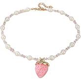Lovely Strawberry Pendant Necklace for Women Friends Unique Choker for Christmas Imitation Pearl Necklaces Jewelry Gift
