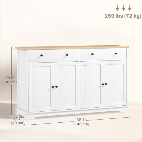 HOMCOM Sideboard Buffet Cabinet with Storage, 55" Kitchen Cabinet with Adjustable Shelves, 2 Drawers and 4 Doors, Coffee Bar Cabinet with Rubberwood Tabletop, White