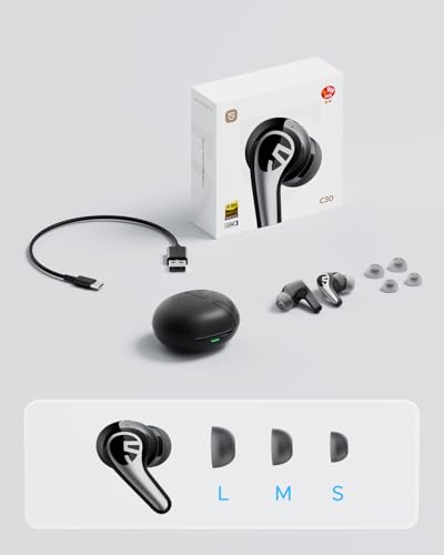 SOUNDPEATS C30 Adaptive Hybrid Active Noise Cancelling Wireless Earbuds, BT 6.0 Headphones with LDAC Hi-Res Audio, 6-Mic Windproof ENC Bluetooth Earphones for Clear Call, 52H, IP54 (Black)