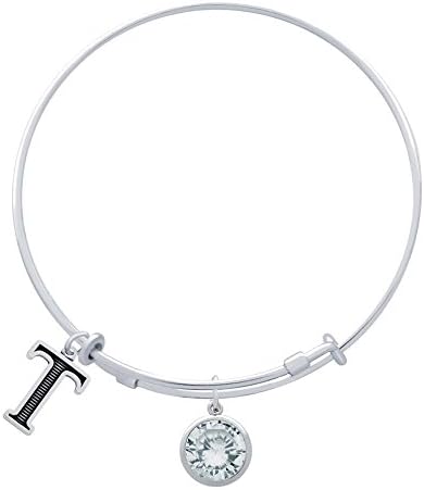 Jenaforte .925 Sterling Silver Expandable Charm Bangle Birthstone &amp; Initial Charms T-APR