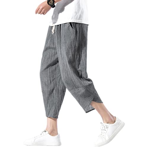 INVACHI Men's Casual Elastic Waist Linen Capri Pants Wide Leg Baggy Cotton Harem Yoga Trousers Dark Grey at Amazon