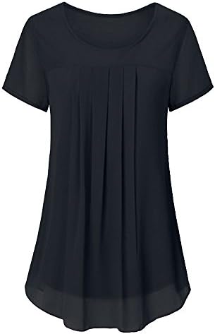 LEANI Women's Pleated Front Short Sleeve Crew Neck Casual Layered Chiffon Tunic Blouse Top