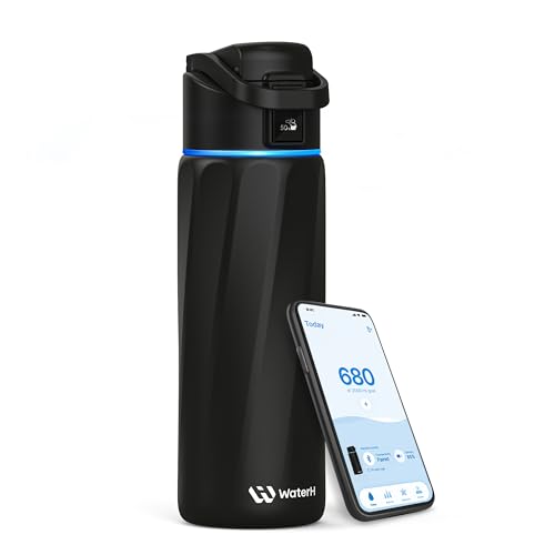 WATERH Boost Smart Water Bottle that Reminds You to Drink, BPA-Free Stainless Steel Vacuum Insulated Bottle, Wide Mouth Water Tracker Bottle with APP, Ideal for Father's Day, Black, 710 ml