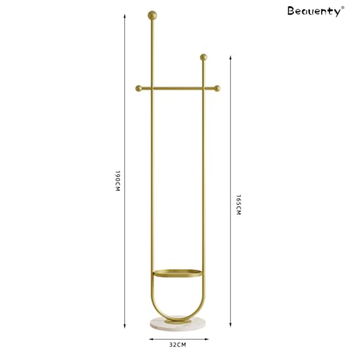 Beauenty Fashion Coat Rack, U-Shape Clothes Stand, Metal Coat Racks with Stone Slab Base, Modern Freestanding Hanger for Clothing, Bags, Hats, Entryway, Living Room, Height 1.9M (Golden)