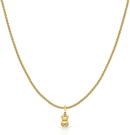 14K Yellow Gold Small Sitting Bear Charm Pendant with 0.9mm Wheat Chain Necklace