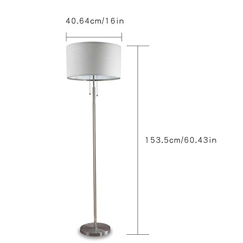 2 Bulb Socket Floor Lamp, DEEPLITE Modern Bedside Standing Lamp for Bedroom Living Room Office, 60 Inches Tall, White Fabric Shade and Brushed Nickel Metal Body - Thumbnail 7