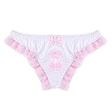 Alvivi Men's Sissy Satin Ruffles Lace Bowknot Bikini Briefs French Maid Girly Panties Underwear White Large (Waist 31.5