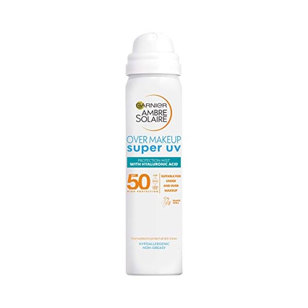 Garnier-Ambre-Solaire-Over-Makeup-Super-UV-Protection-Mist-SPF50-75-ml-With-Hyaluronic-Acid-Light-Texture-Non-Greasy-Spray-Protects-and-Hydrates-Skin-Packaging-May-Vary Garnier Ambre Solaire SPF 50 Super UV Over Makeup Mist for Face, High Protection Against UVA & UVB, Hyaluronic Acid…